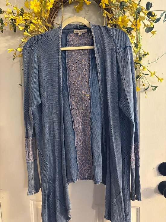 Indigo Thread Co. Sweaters - Indigo Thread Co. Blue Thermal Knit Cardigan with Lace Detail Back and Sleeves